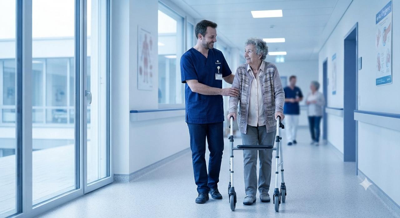 Pfleger begleitet eine Patientin mit Rollator über den Gang einer modernen Klinik – Personalverleih für den stationären Bereich.